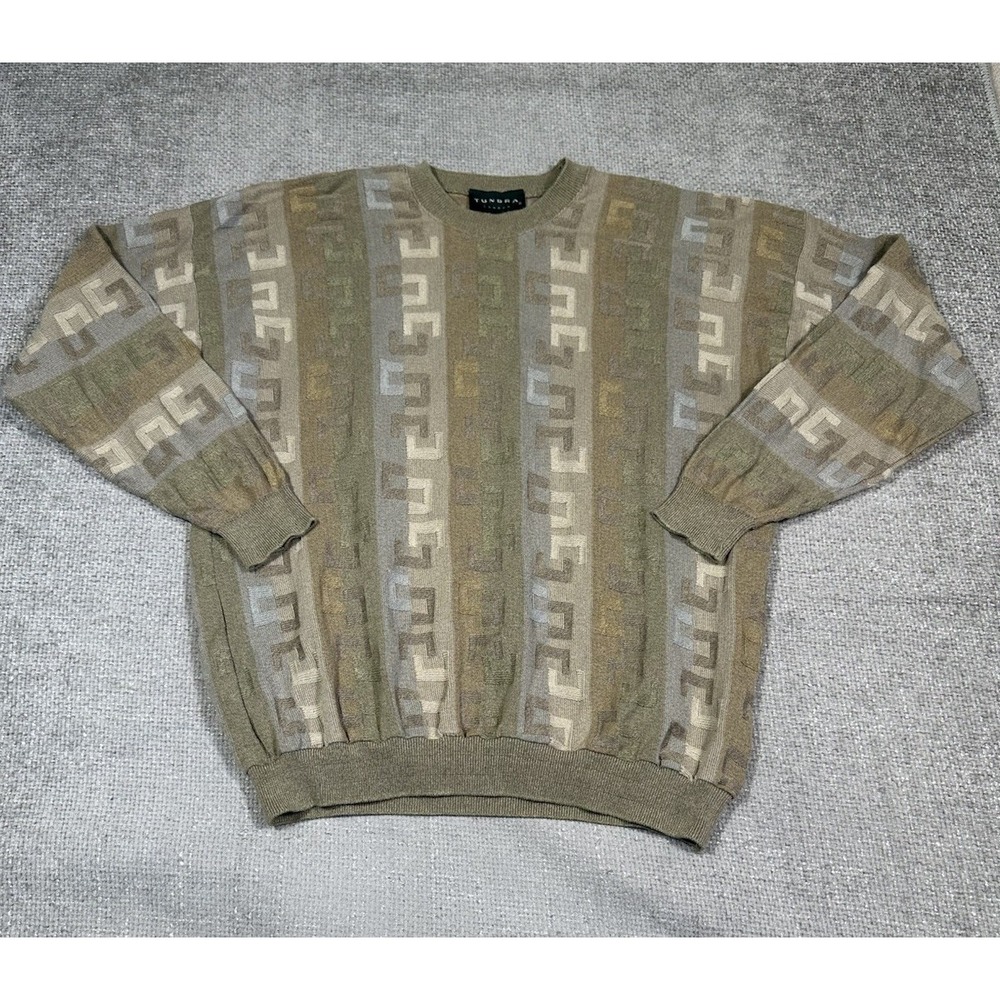 Tundra Canada Sweater Mens XL Pullover Knit Beige Green Geometric Crew 90s Cosby